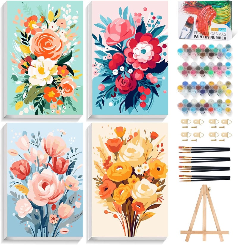 Offito 4 Pack Framed Paint by Numbers Kit for Adults Beginners with Wooden Easel, Flowers Easy Paint by Number Kit with Frame, Watercolor Adult Paint by Number Framed Canvas (8 * 12 Inch) - Image 1